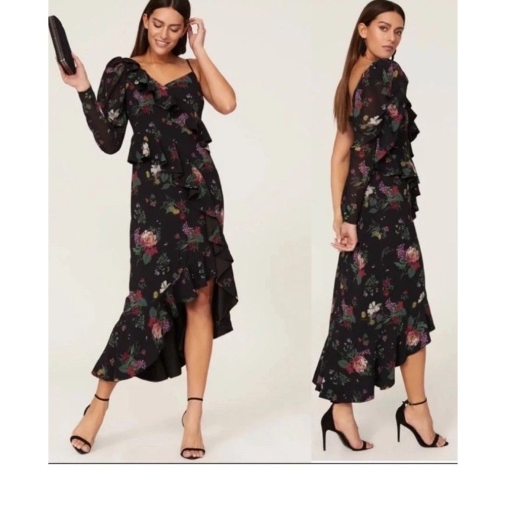 Amur Pasqualena Dark Floral One Shoulder Maxi Dress Ruffle Size 4 Asymmetrical